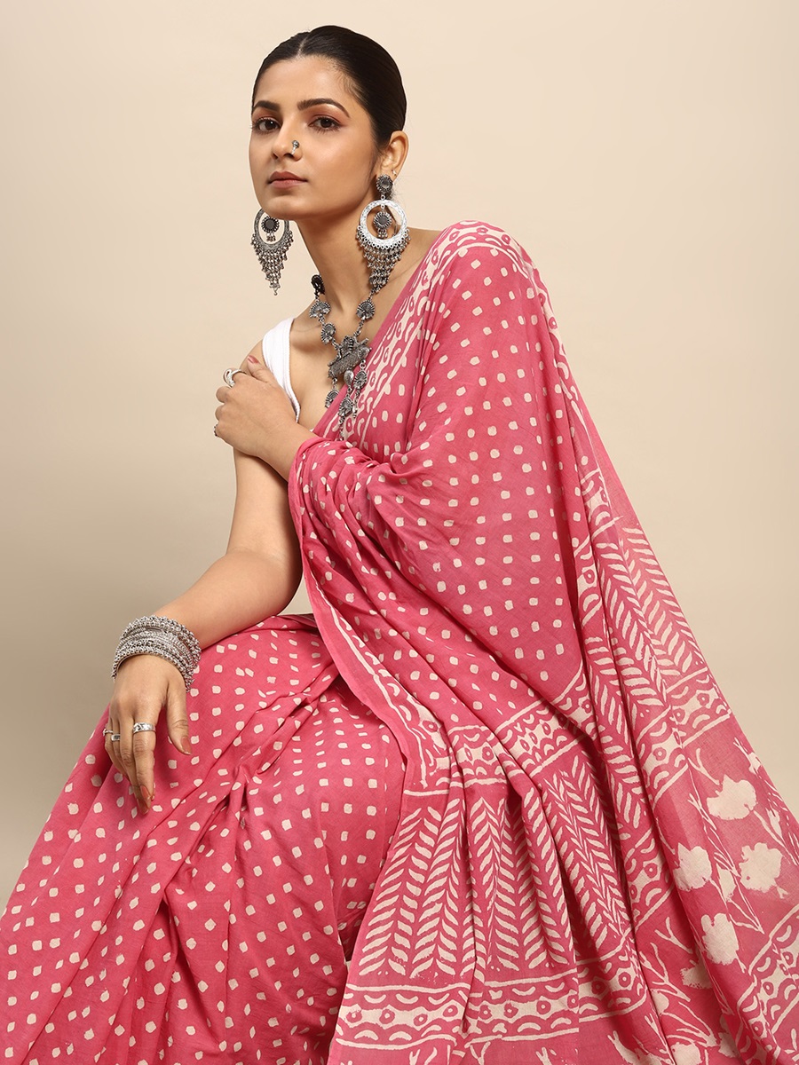 Pink Cotton Printed Festival Casual Contemporary Sarees