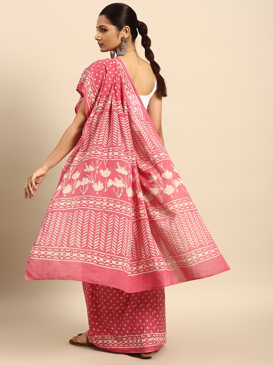 Pink Cotton Printed Festival Casual Contemporary Sarees