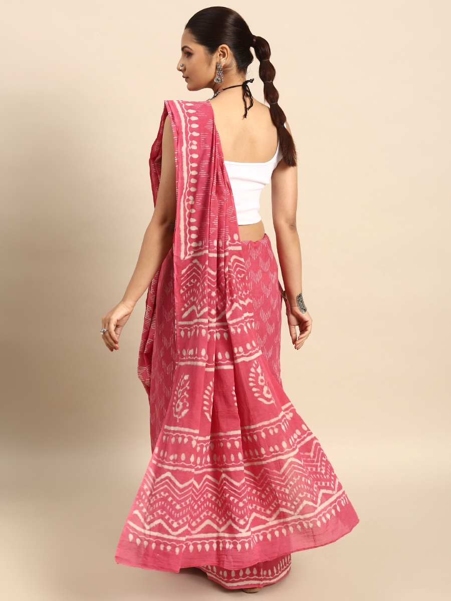 Pink Cotton Printed Festival Casual Contemporary Sarees