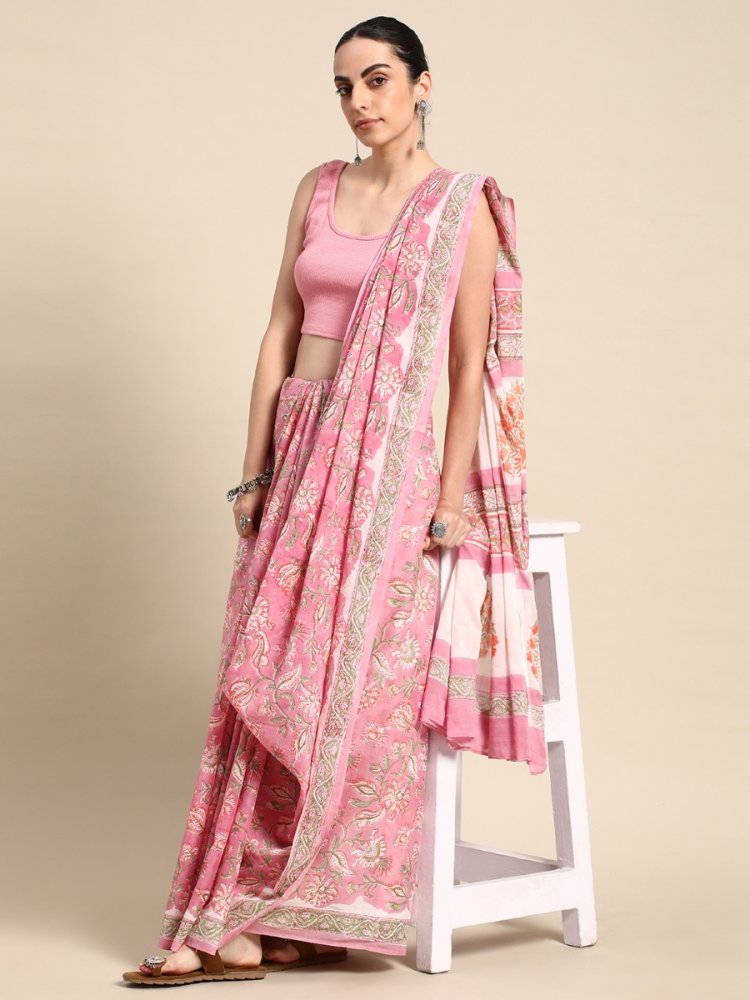 Pink Cotton Printed Festival Casual Contemporary Sarees