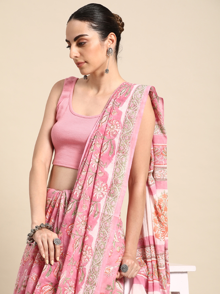 Pink Cotton Printed Festival Casual Contemporary Sarees