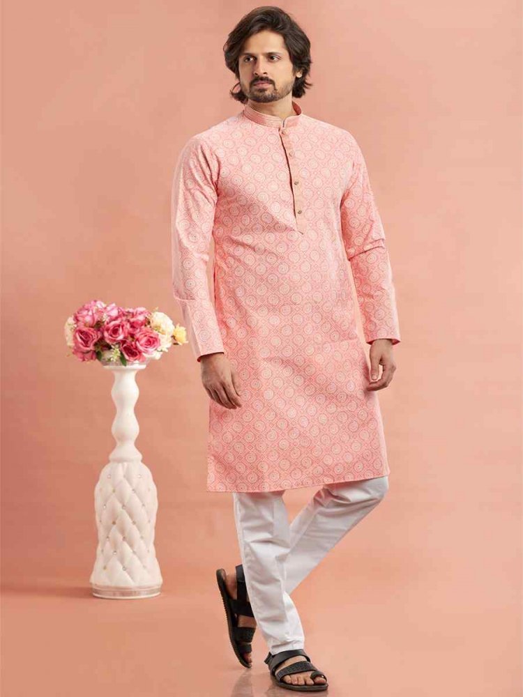 Pink Cotton Printed Festival Casual Kurta