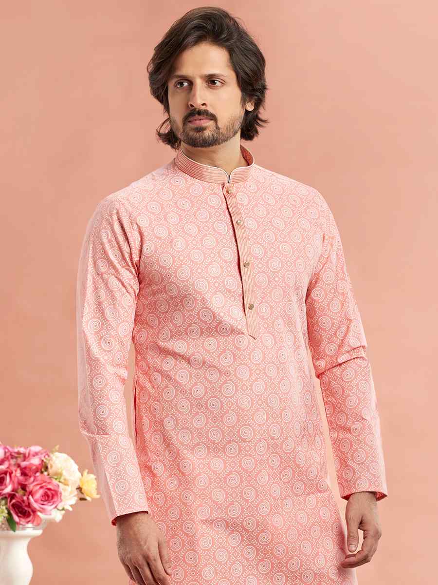 Pink Cotton Printed Festival Casual Kurta