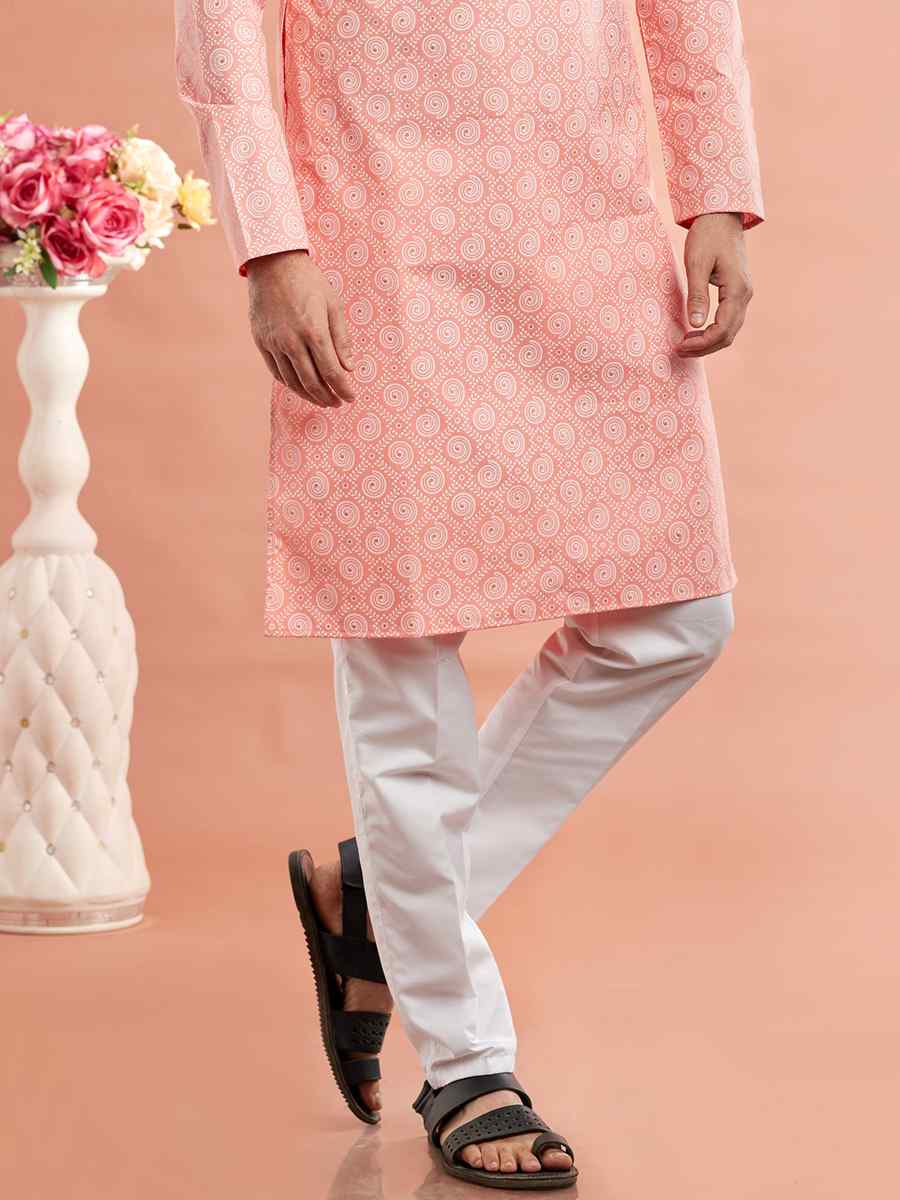 Pink Cotton Printed Festival Casual Kurta