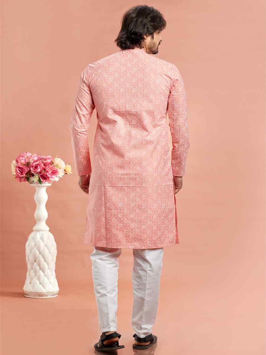 Pink Cotton Printed Festival Casual Kurta