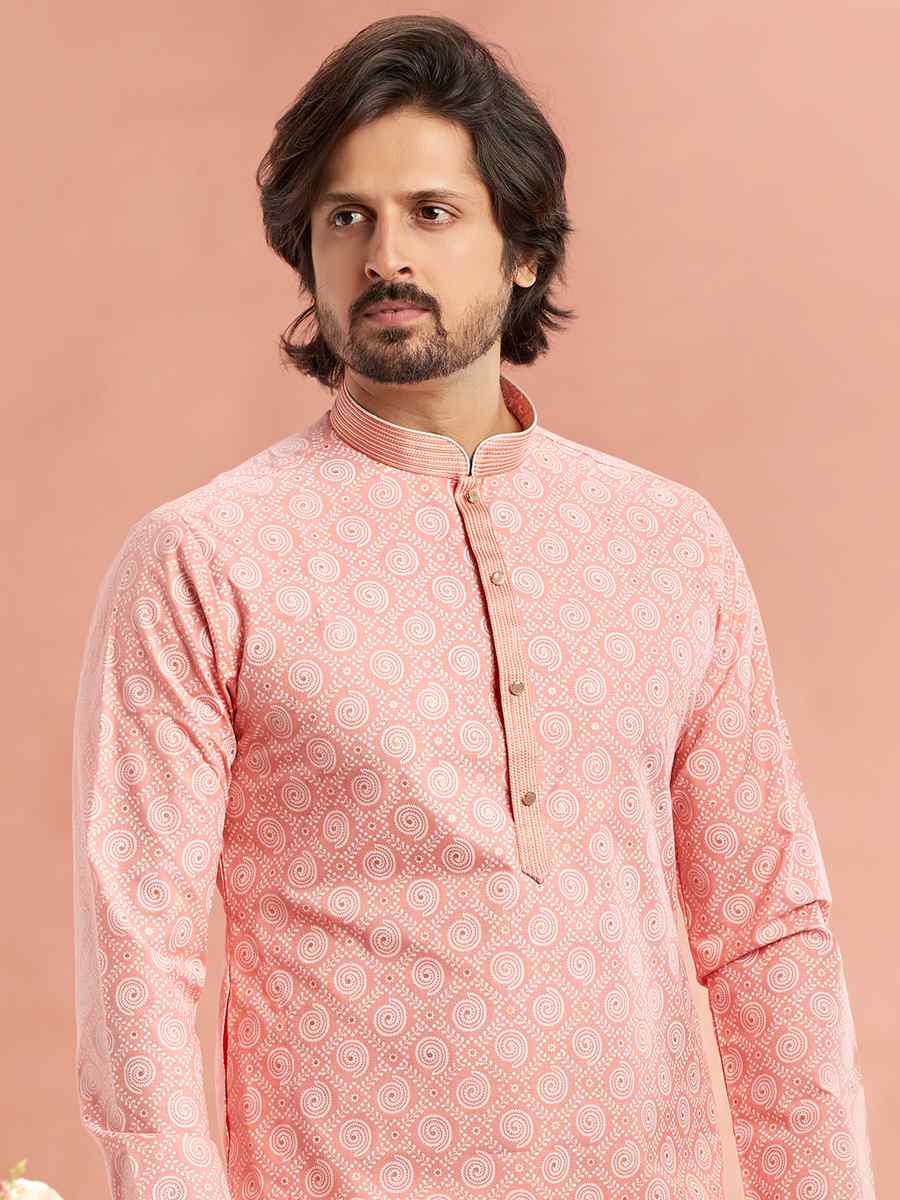 Pink Cotton Printed Festival Casual Kurta