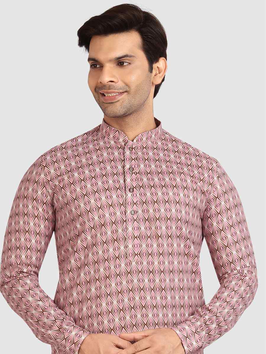 Pink Cotton Printed Festival Casual Kurta