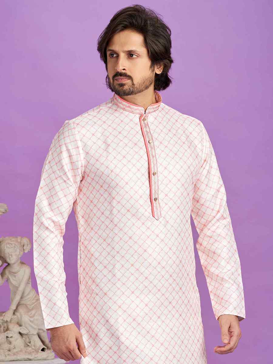 Pink Cotton Printed Festival Casual Kurta