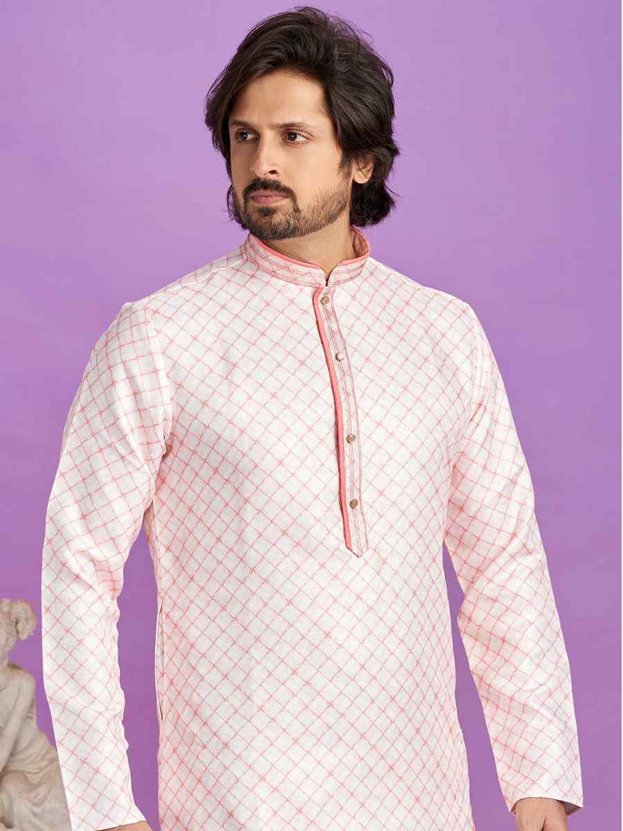 Pink Cotton Printed Festival Casual Kurta