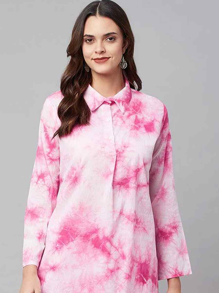 Pink Cotton Printed Festival Casual Kurti With Bottom