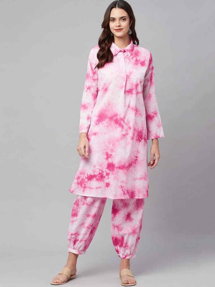 Pink Cotton Printed Festival Casual Kurti With Bottom