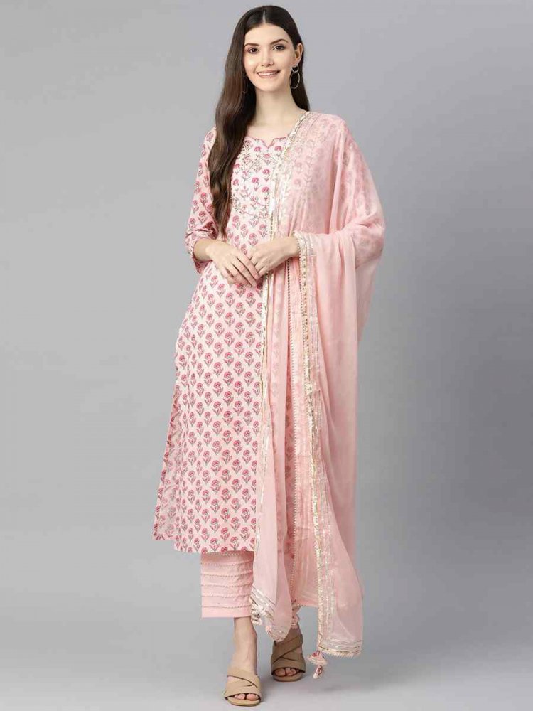 Pink Cotton Printed Festival Casual Ready Pant Salwar Kameez