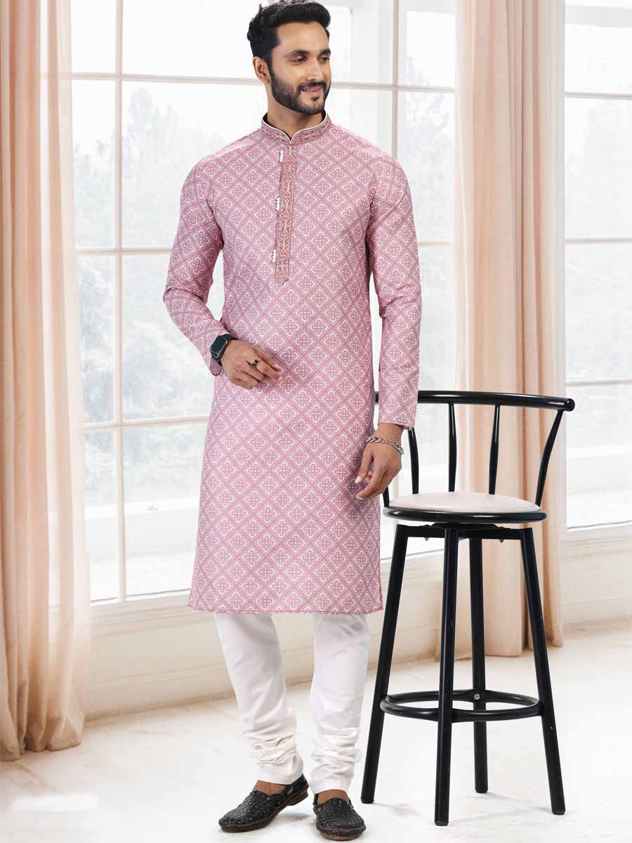 Pink Cotton Printed Festival Mehendi Kurta