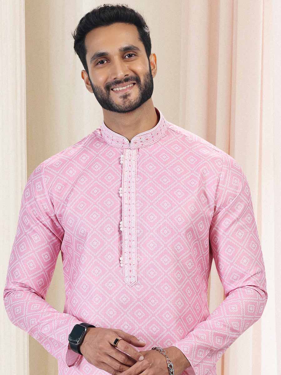 Pink Cotton Printed Festival Mehendi Kurta