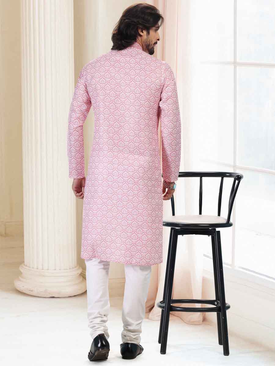Pink Cotton Printed Festival Mehendi Kurta