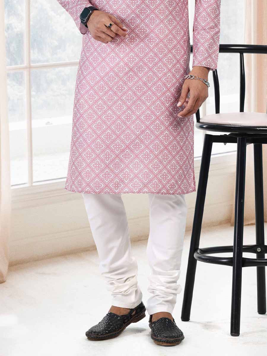 Pink Cotton Printed Festival Mehendi Kurta