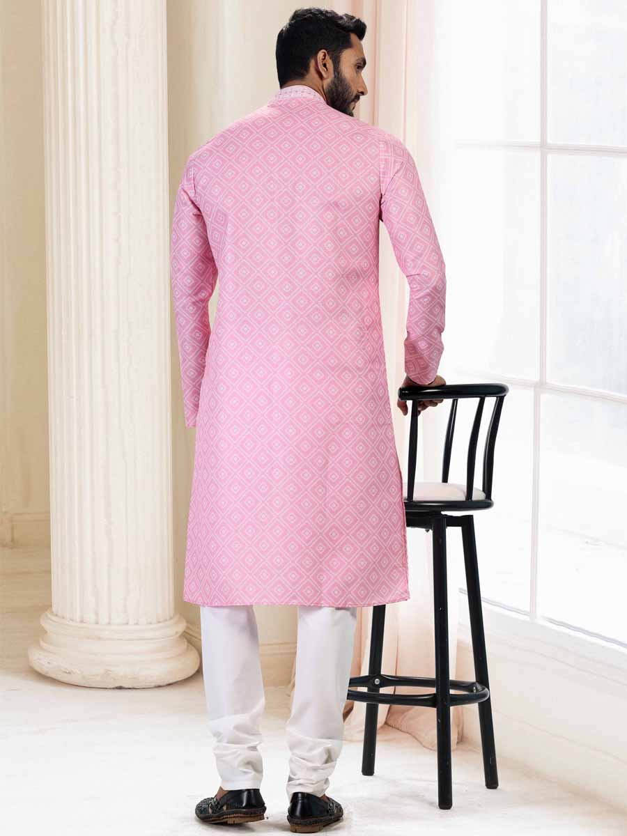 Pink Cotton Printed Festival Mehendi Kurta