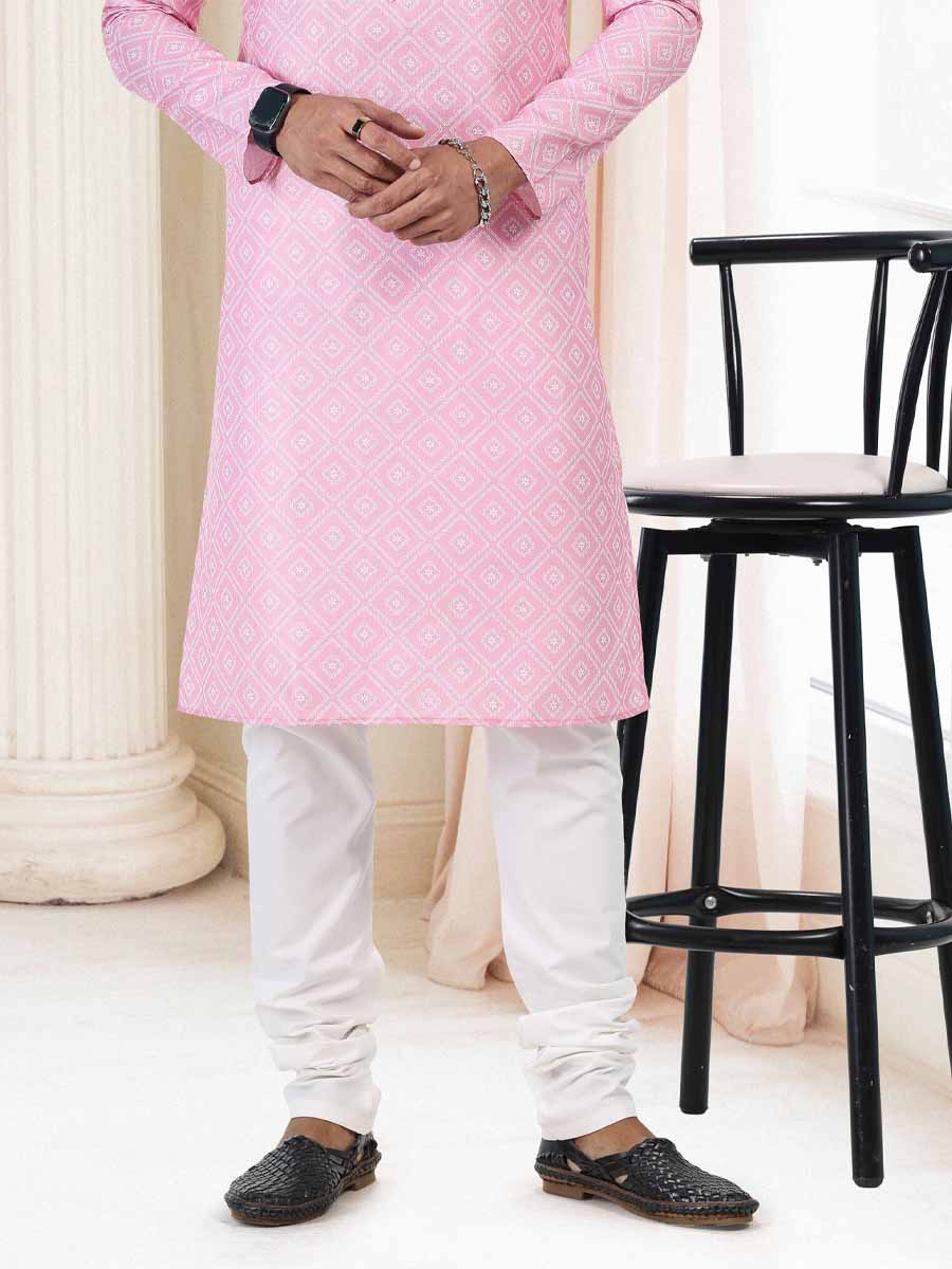 Pink Cotton Printed Festival Mehendi Kurta