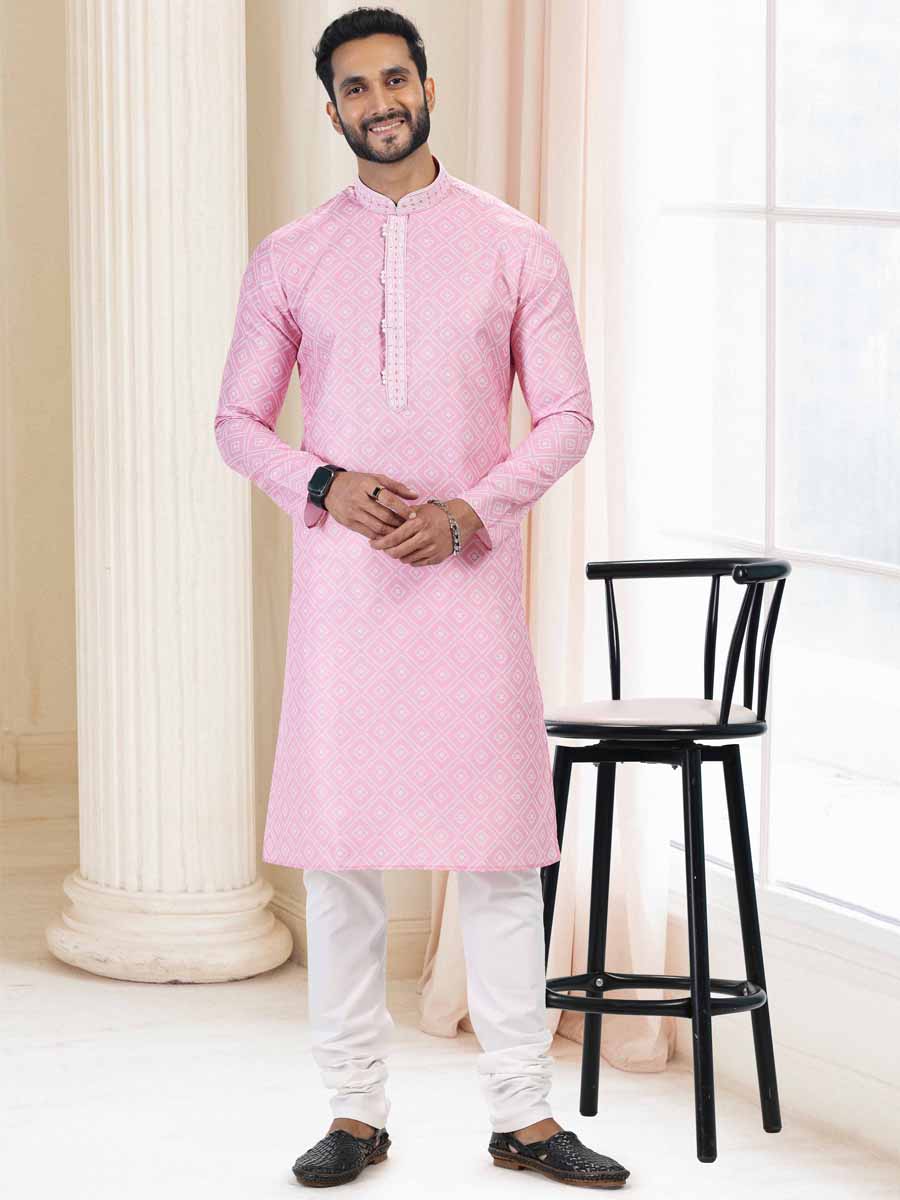 Pink Cotton Printed Festival Mehendi Kurta