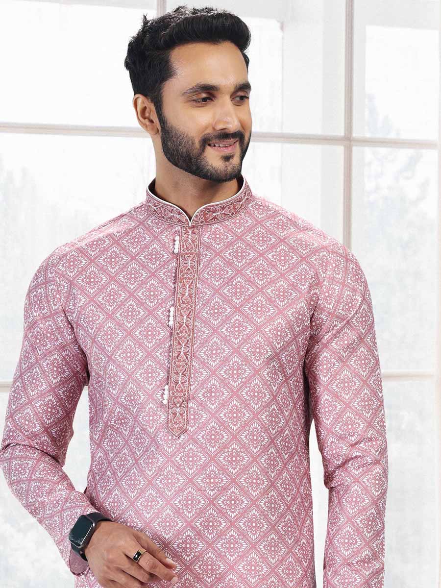 Pink Cotton Printed Festival Mehendi Kurta