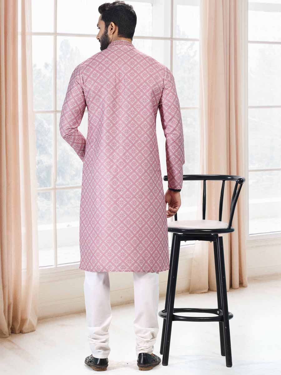 Pink Cotton Printed Festival Mehendi Kurta