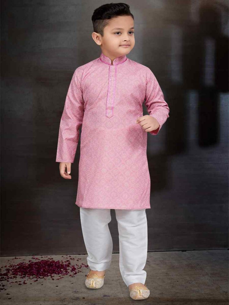 Pink Cotton Printed Festival Traditional Kurta Pyjama Boys Wear