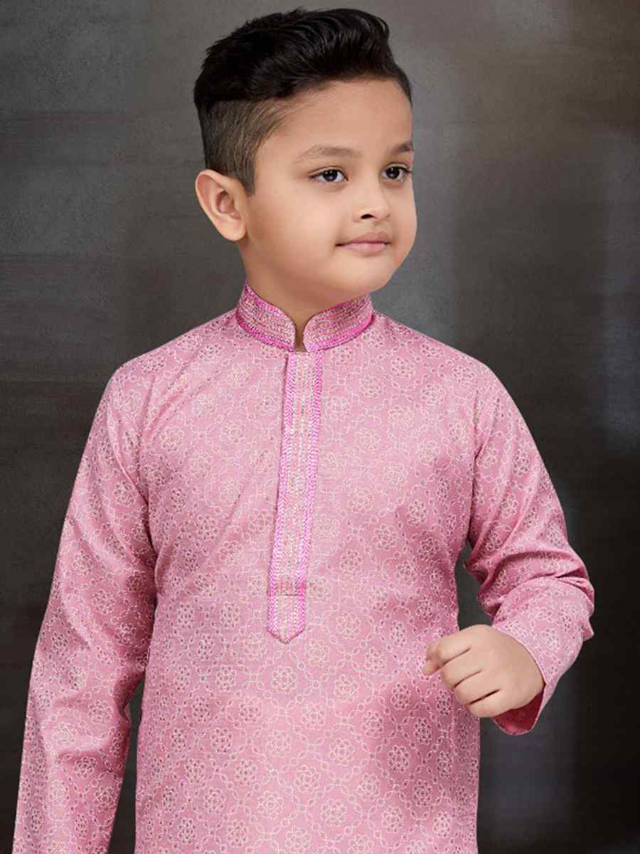 Pink Cotton Printed Festival Traditional Kurta Pyjama Boys Wear