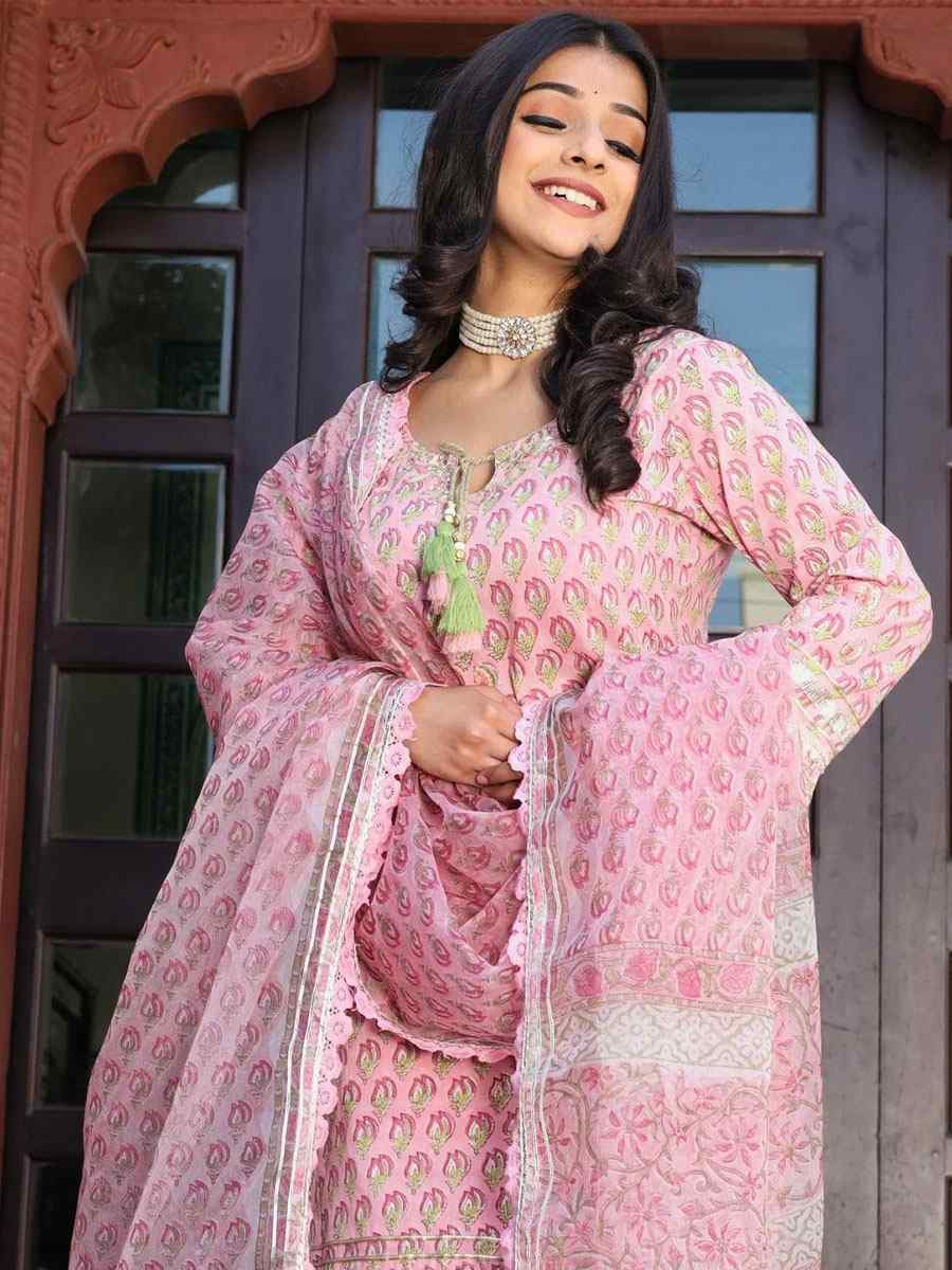 Pink Cotton Printed Lace Gotta Work Party Wedding Festival Casual Ready Sharara Pant Salwar Kameez