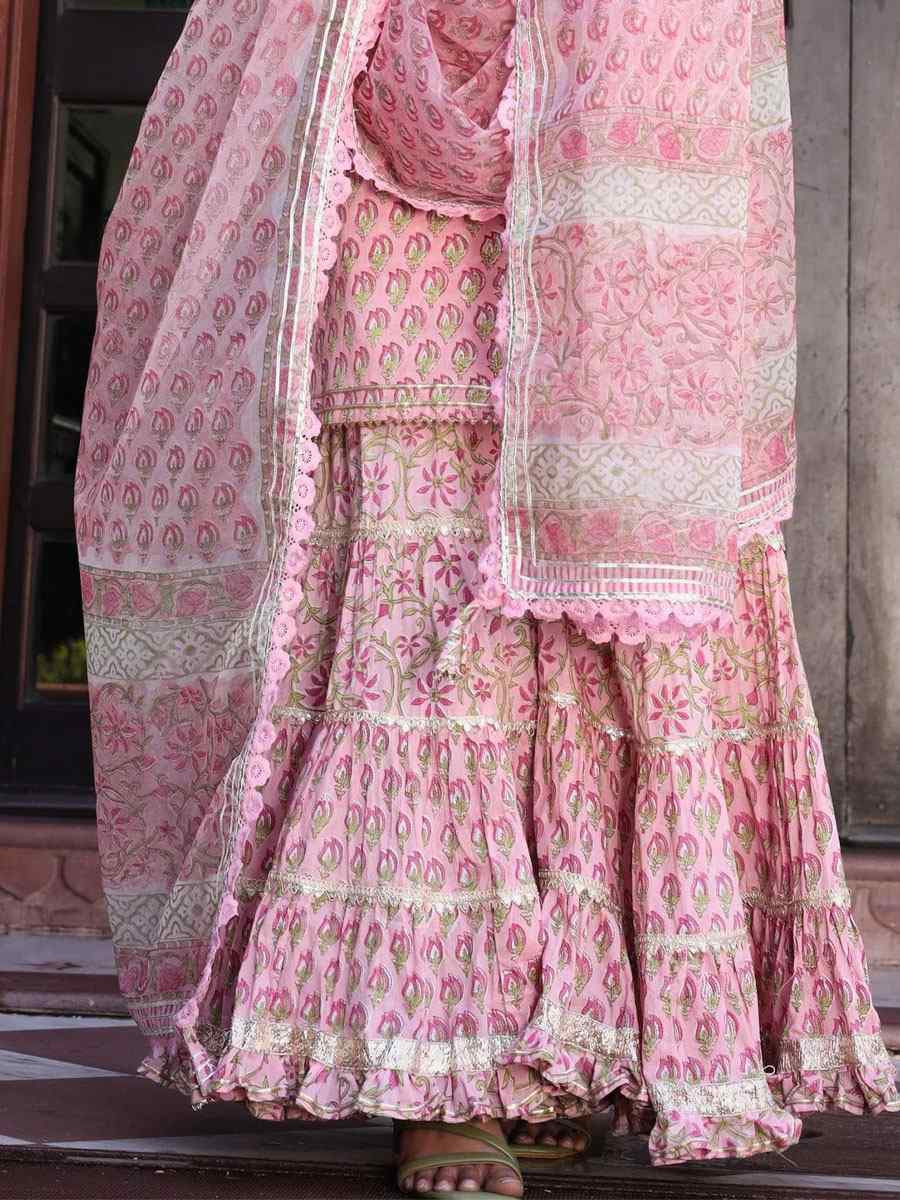 Pink Cotton Printed Lace Gotta Work Party Wedding Festival Casual Ready Sharara Pant Salwar Kameez