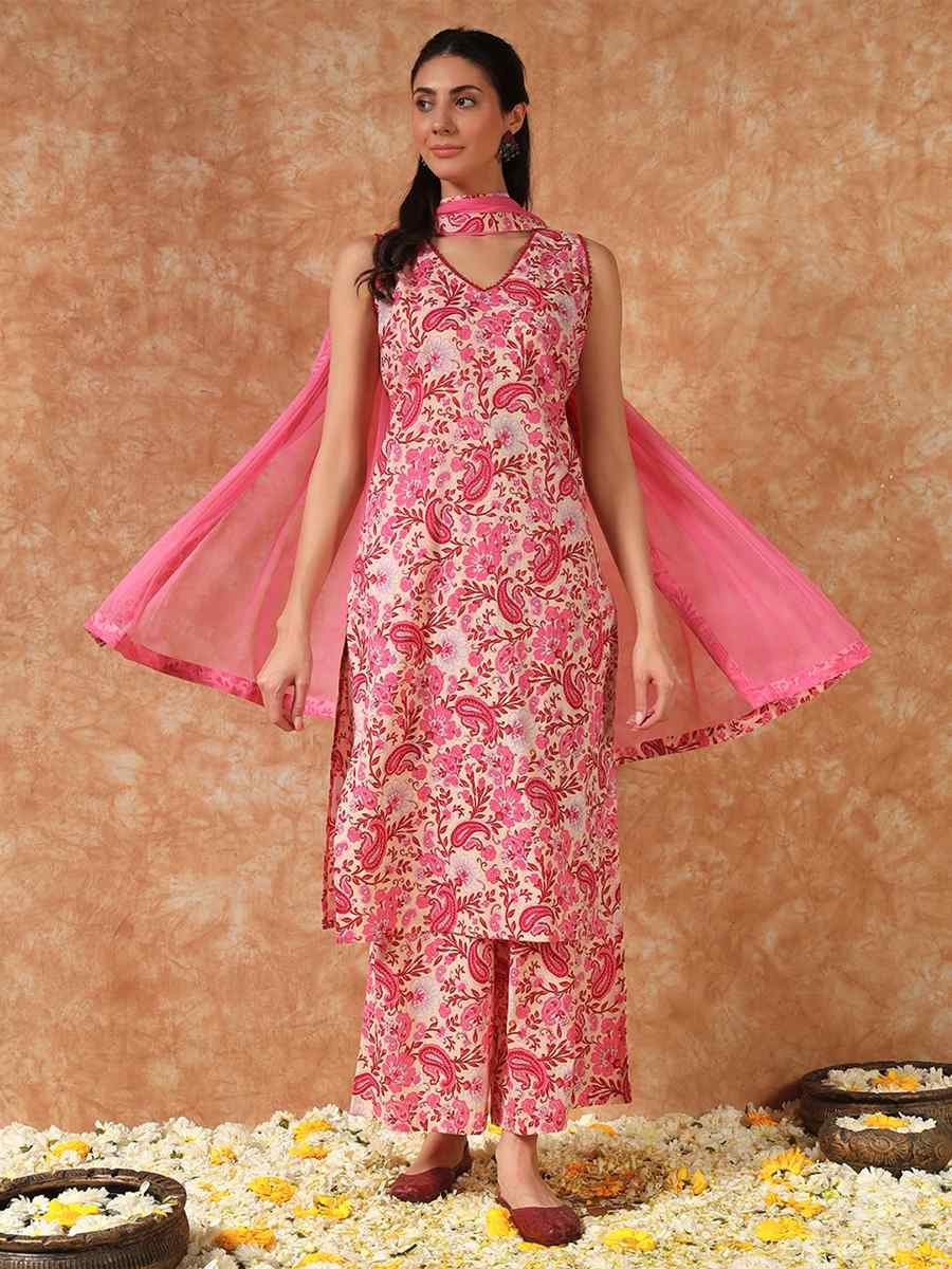 Pink Cotton Printed Party Wedding Festival Casual Ready Palazzo Pant Salwar Kameez