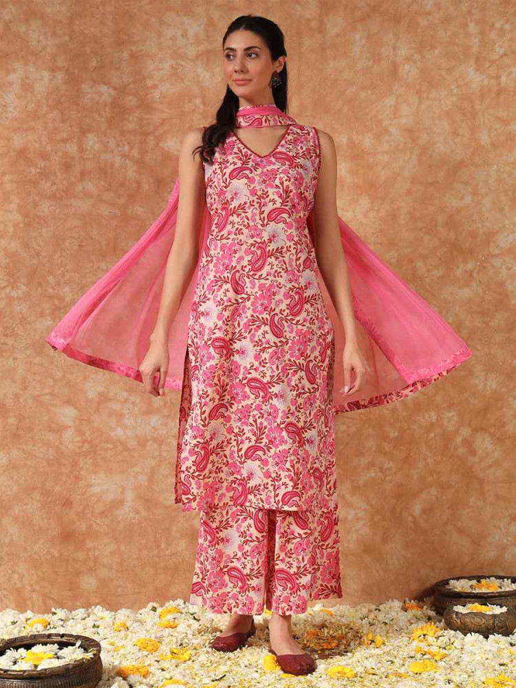 Image of Pink Cotton Printed Party Wedding Festival Casual Ready Palazzo Pant Salwar Kameez