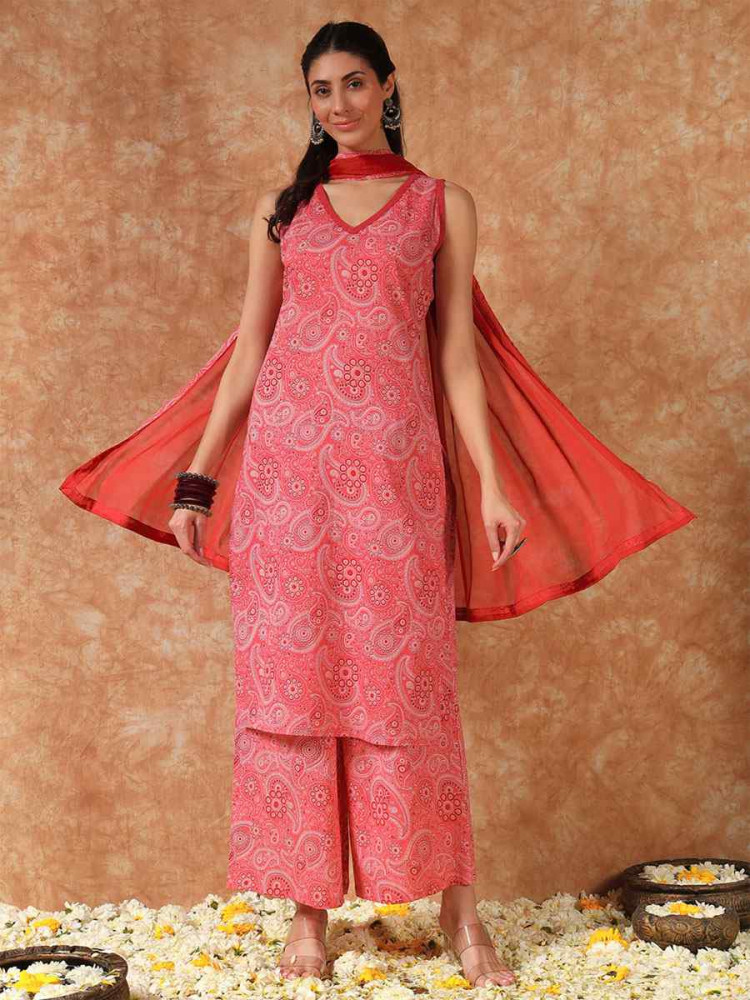 Image of Pink Cotton Printed Party Wedding Festival Casual Ready Palazzo Pant Salwar Kameez