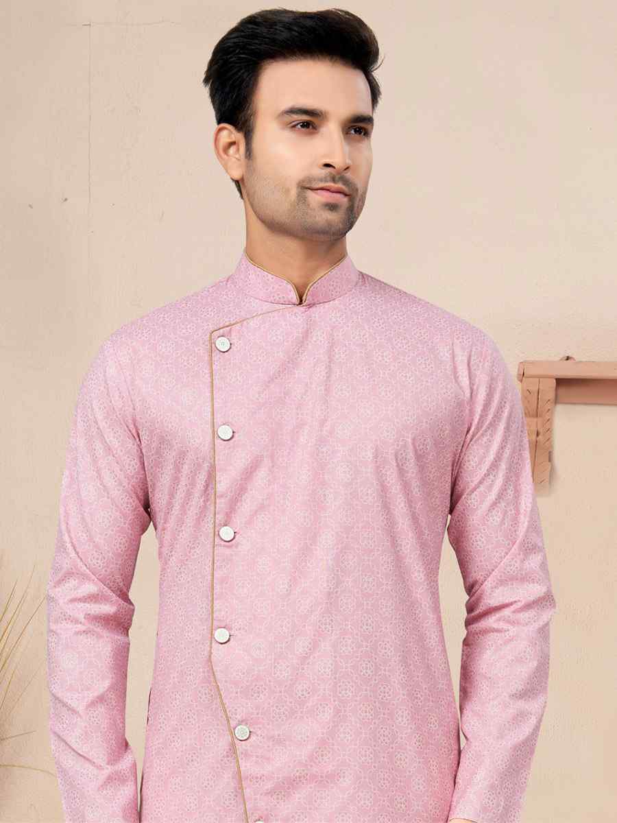 Pink Cotton Printed Wedding Festival Sherwani