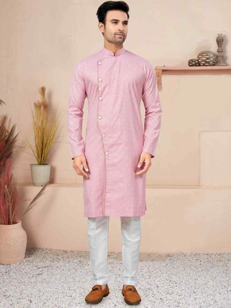 Pink Cotton Printed Wedding Festival Sherwani