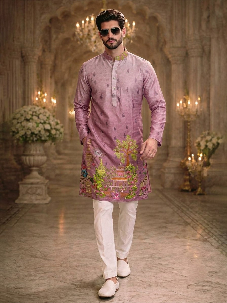 Pink Cotton Printed Wedding Party Festival Ready Men Kurta
