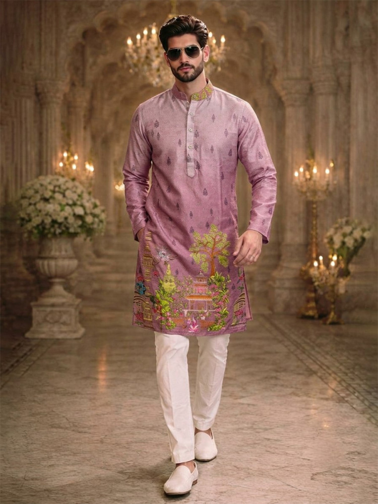 Image of Pink Cotton Printed Wedding Party Festival Ready Men Kurta