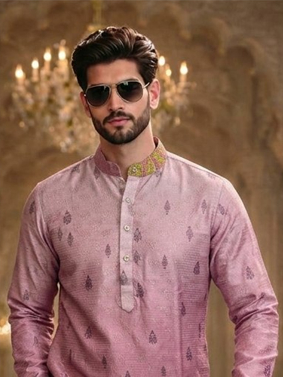 Pink Cotton Printed Wedding Party Festival Ready Men Kurta