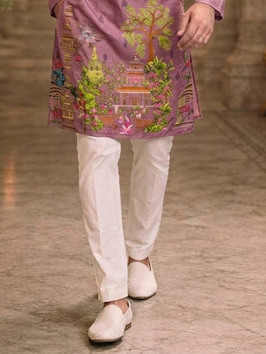 Pink Cotton Printed Wedding Party Festival Ready Men Kurta