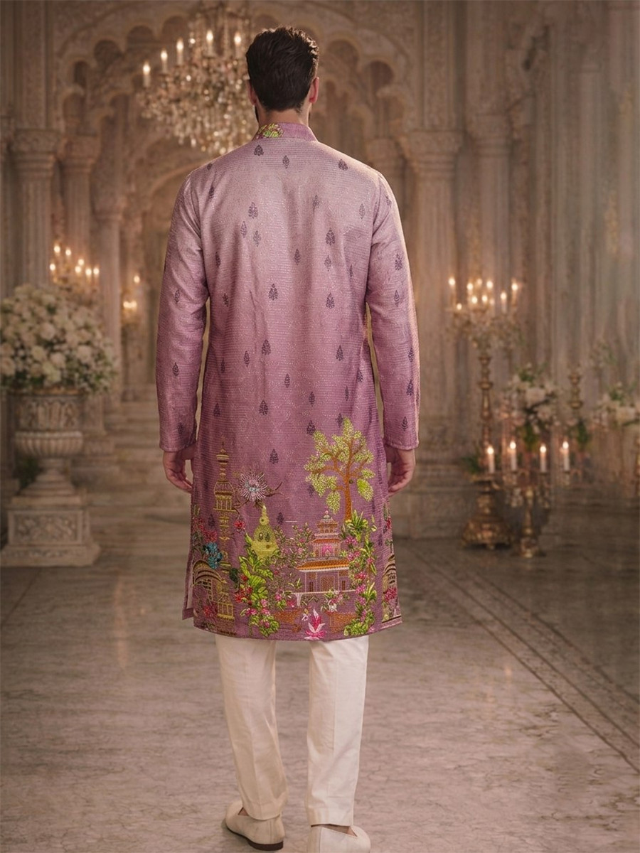 Pink Cotton Printed Wedding Party Festival Ready Men Kurta