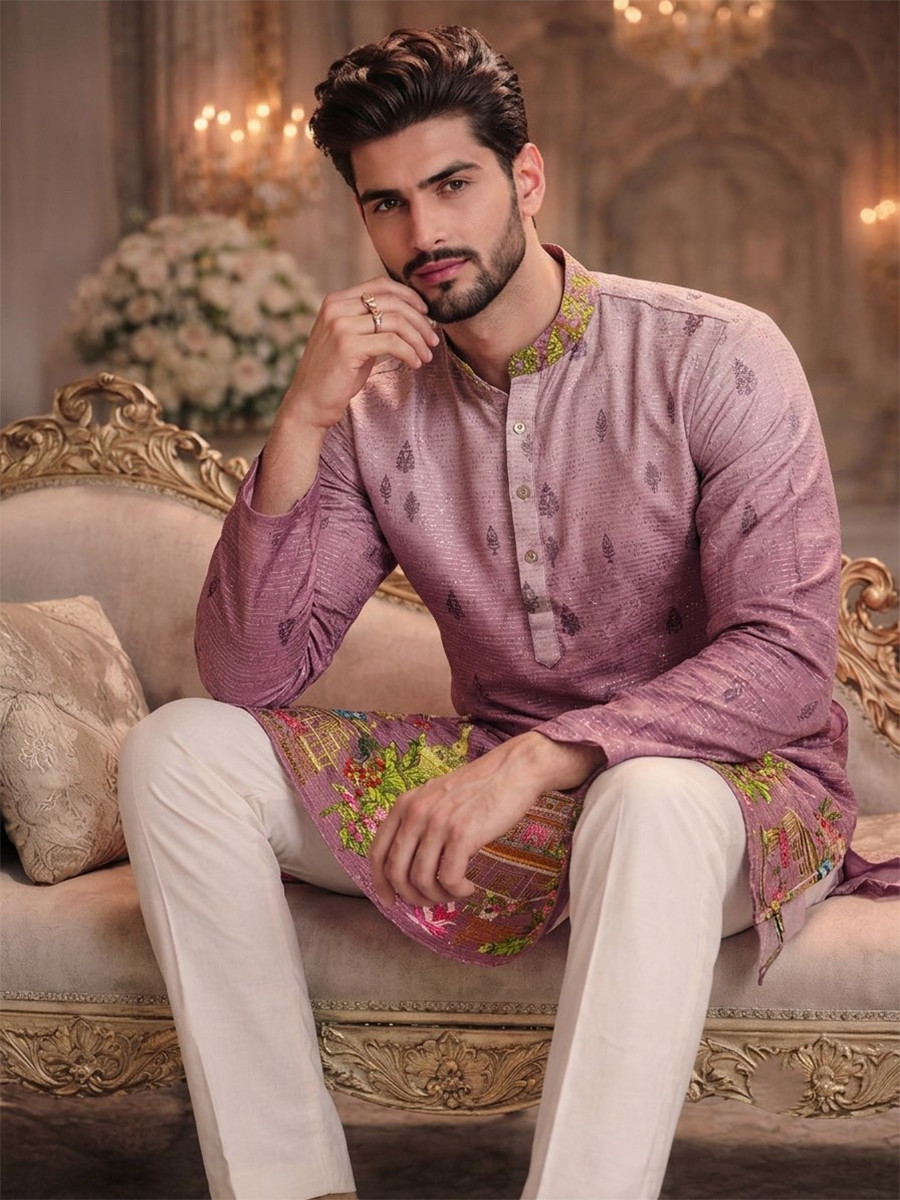 Pink Cotton Printed Wedding Party Festival Ready Men Kurta