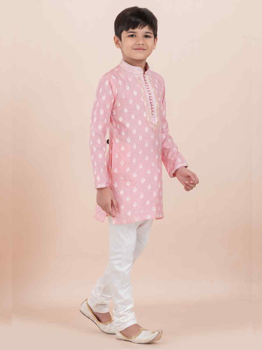 Pink Cotton Self Jacquard Embroidered Festival Traditional Kurta Pyjama Boys Wear