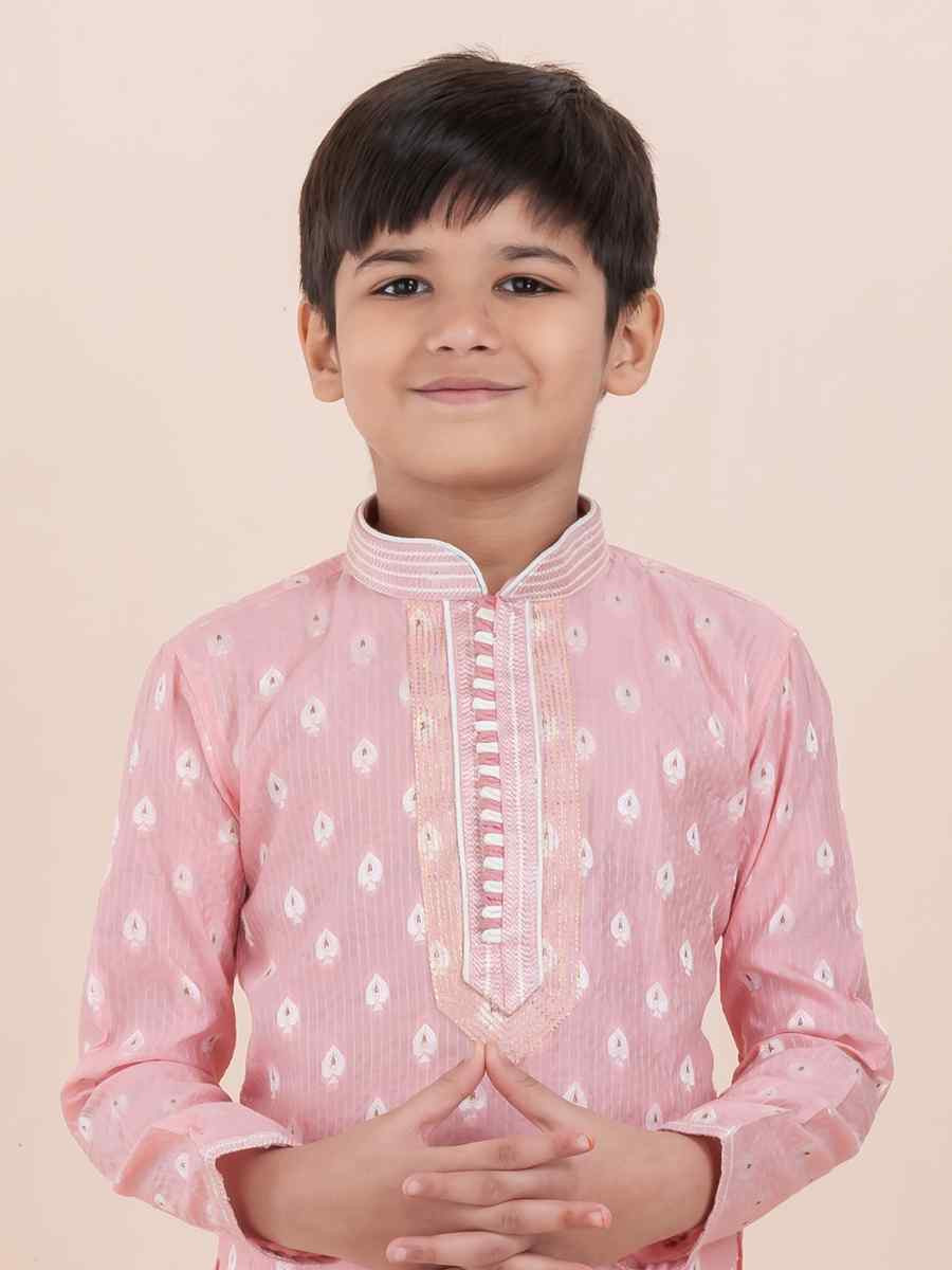 Pink Cotton Self Jacquard Embroidered Festival Traditional Kurta Pyjama Boys Wear
