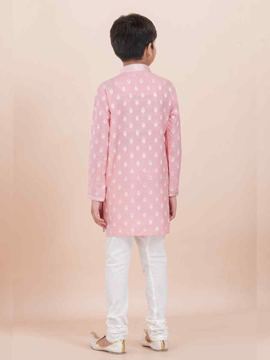 Pink Cotton Self Jacquard Embroidered Festival Traditional Kurta Pyjama Boys Wear