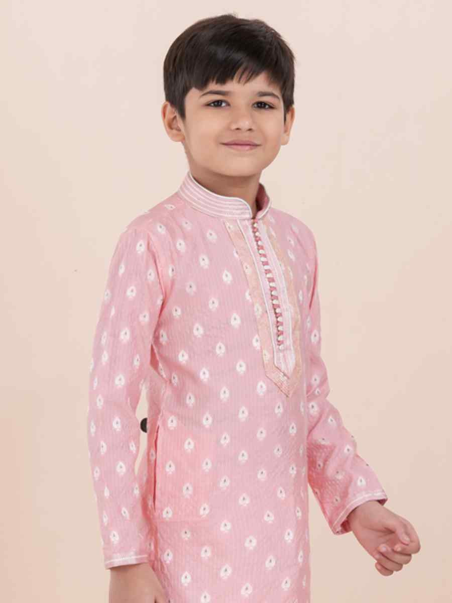 Pink Cotton Self Jacquard Embroidered Festival Traditional Kurta Pyjama Boys Wear