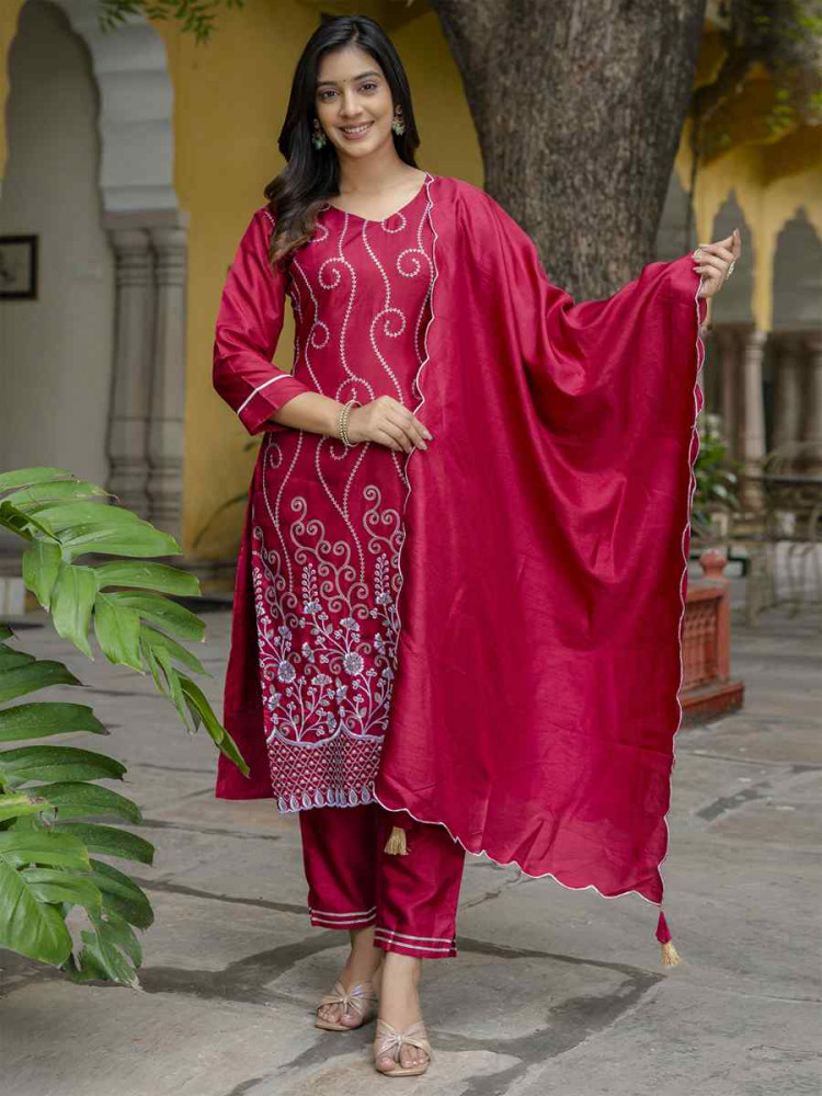 Image of Pink Cotton Silk Blend Embroidery Party Wedding Festival Casual Ready Pant Salwar Kameez