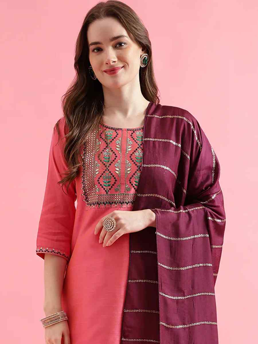 Pink Cotton Silk Blend Handwoven Festival Mehendi Ready Pant Salwar Kameez