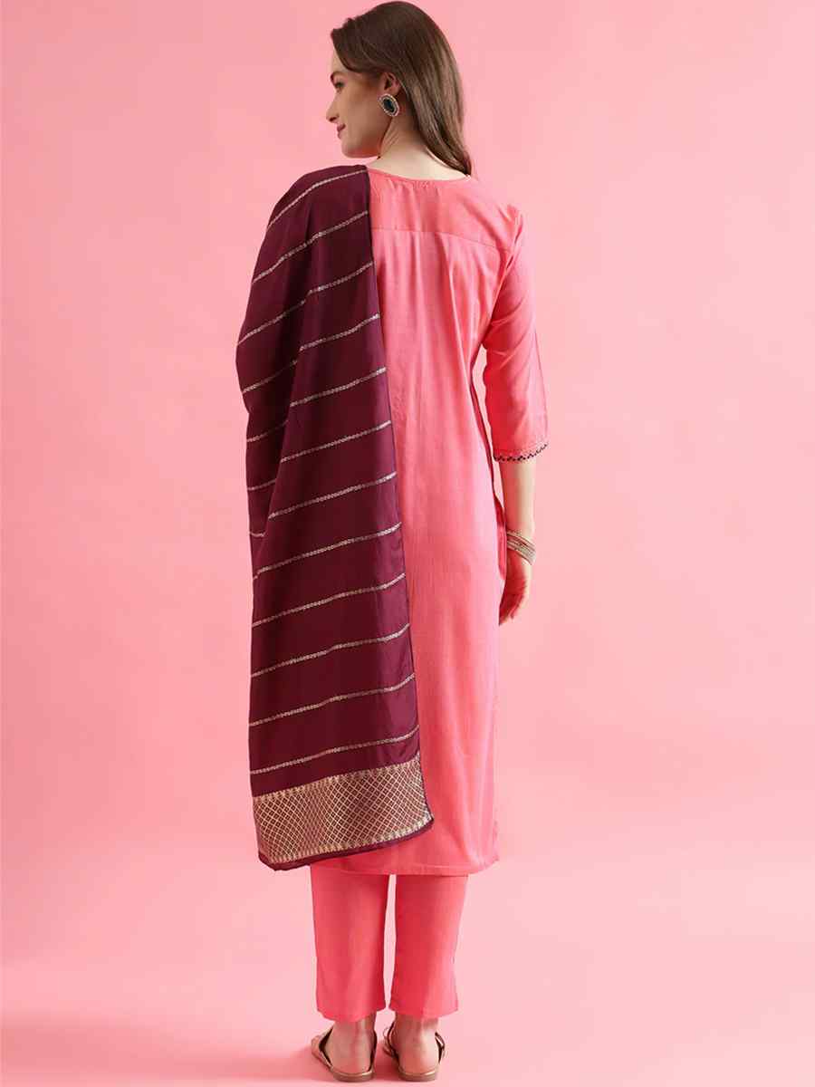 Pink Cotton Silk Blend Handwoven Festival Mehendi Ready Pant Salwar Kameez
