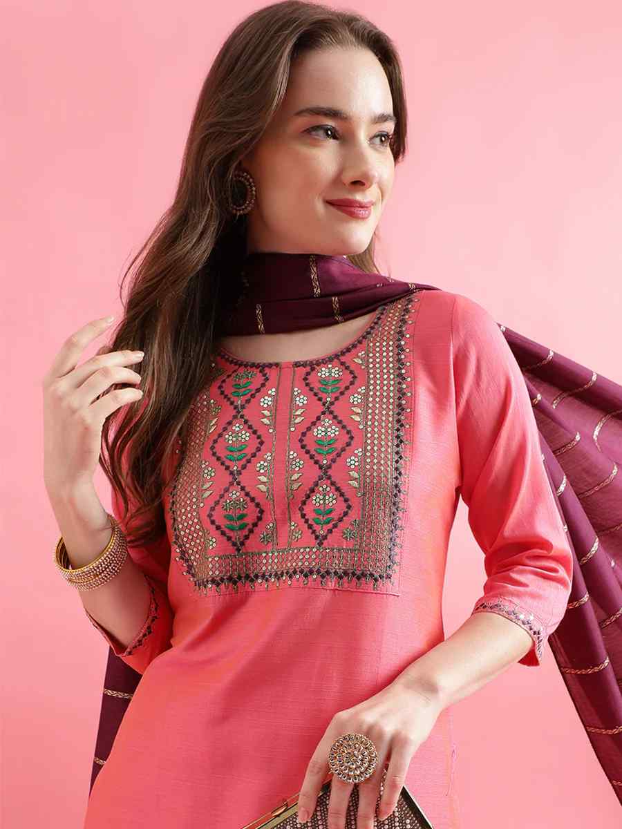 Pink Cotton Silk Blend Handwoven Festival Mehendi Ready Pant Salwar Kameez