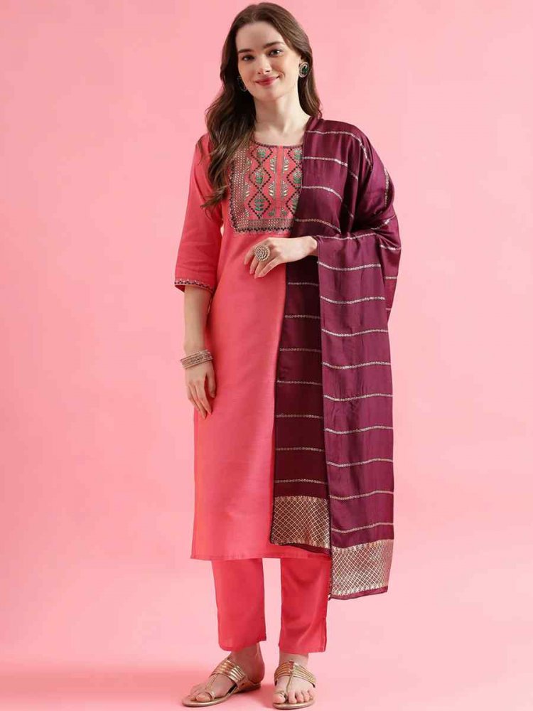 Pink Cotton Silk Blend Handwoven Festival Mehendi Ready Pant Salwar Kameez