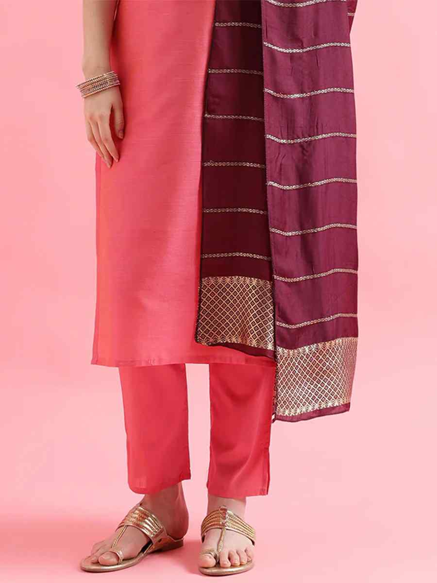 Pink Cotton Silk Blend Handwoven Festival Mehendi Ready Pant Salwar Kameez